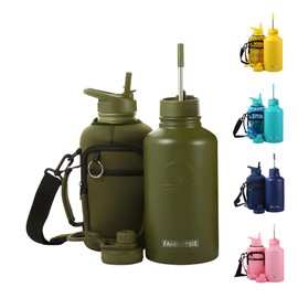 FAHRMOSIS 64 Oz Insulated Water Bottle with Strap Stainless Steel Sports Water Bottle with 3 Lids (Straw, Chug and Flip Lid) Leak Proof Metal Half Gallon Jug for Men & Women - Army Green