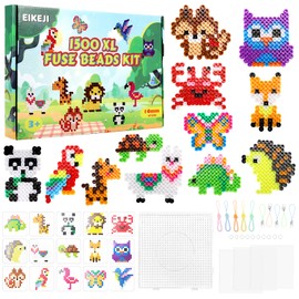 EIKEJI 10 mm Ironing Beads Set, 1500 Pieces Large Ironing Beads, XL Beads with Plates, 15 Animal Theme Patterns and Ironing Paper, 21 Colours XL Ironing Beads, Creative Bead Set for Children