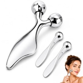 3-In-1 Metal Face Massager Roller Set, Self Cooling Gua Sha and Dual Ended Eye Cream Applicator to Reduce Morning Puffiness and Sculpt Double Chin for
