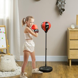 Qaba Punching Bag for Kids, Kids Punching Bag with Stand for 5-10 Years Old, Height Adjustable Kids Boxing Bag with Boxing Gloves, Kids Boxing Set for Boys & Girls, Red