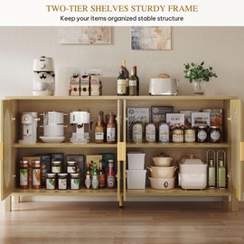 DWVO 63" Buffet Sideboard Cabinet with Storage/Rattan Cabinet Storage Cabinet with 4 Doors and Adjustable Shelves/Coffee Bar Station Table for Kitchen, Living Room, Dining Room-Natural