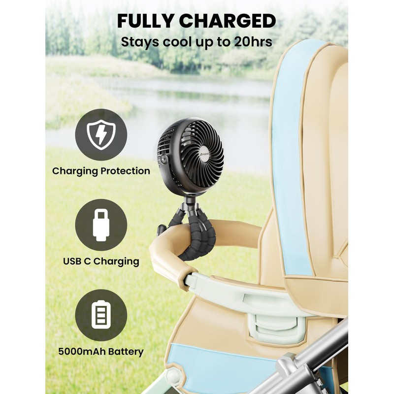 AMACOOL Baby Stroller Fan - 5000mAh Rechargeable, 3-Speed, Strong Yet