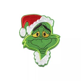 Patchwork Paradise Smiling Grinch Face Wearing Christmas Hat Embroidered Iron On Patch DIY Applique