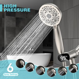 2024 NEWEST Handheld Showerheads with LED Display Temperature - JDO High Flow Showerhead with 6 Different Shower Modes - High Pressure even at Low Water Pressure - for Pet Bathing and Baby Care