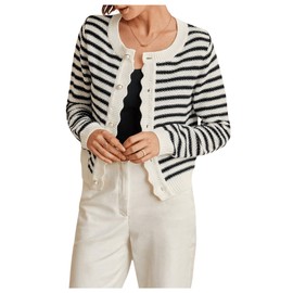 GORGLITTER Women's Long Sleeve Crew Neck Cardigan Sweaters Striped Cute Knitted Cardigans Outfits Black Striped Small