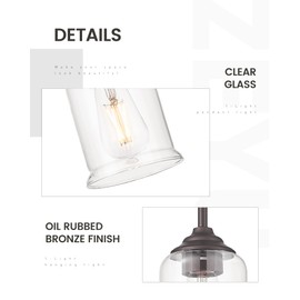 zeyu Farmhouse Pendant Light, 1-Light Pendant Light Fixtures for Kitchen Bedroom, Clear Glass Shade, Oil Rubbed Bronze Finish, ZSL104MIL ORB