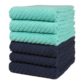 Premium Kitchen Towels (16”x 25”, 6 Pack) | Large Cotton Kitchen Hand Towels | Dish Towels | Diagonal Weave Design | 445 GSM Highly Absorbent Tea Towels Set with Hanging Loop | Aqua & Navy