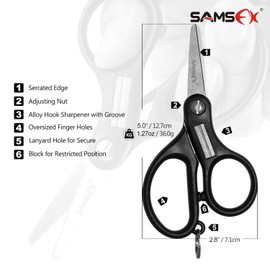SAMSFX Fishing Braid Scissors Serrated Fishing Scissors with Hook Sharpener Zinger Retactors & Wire Coiled Lanyard Combo (Black Braided Line Scissors)