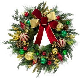 22 Inch Lighted Christmas Wreath with Timer, Red Bow and Ornaments