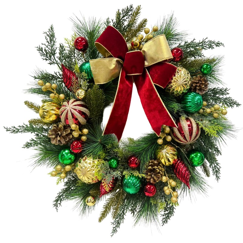 22 Inch Lighted Christmas Wreath with Timer, Red Bow and