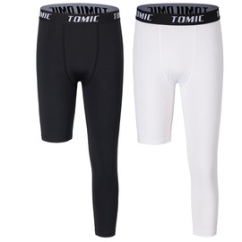 Tomic Boys Youth Compression Leggings One Leg 3/4 Athletic Training Tights for Kids Basketball Sport Base Layer Pants 2 Pack Black/White-Left Leg M