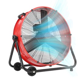 Industrial Floor Fan 24 Inch, Heavy Duty Industrial Drum Fan with Adjustable 3-Speed 4800-8800 CFM Cooling for Warehouse, Commercial, Workshop, 360° Rotation, Portable Handle & Casters, Red