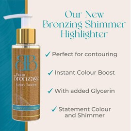 Bronzing Shimmer Highlighter & Applicator Brush 100ml by Beau Bronzage – Vegan-Friendly Post-Tan Shimmer & Makeup Serum with Glycerin – Made in the UK