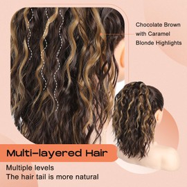 SEIKEA Ponytail Extension, 14" Short Wavy Drawstring Ponytail Lightweight Multi Layered Fake Pony Tails Hair Extensions Clip in Hair Extensions Ponytail Chocolate Brown with Caramel Blonde Highlights