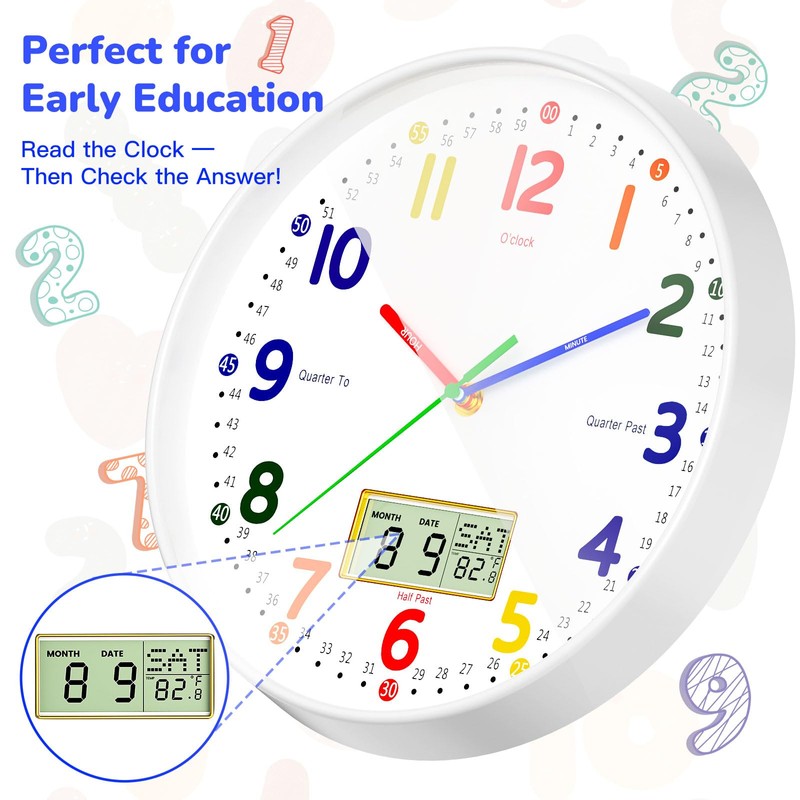 lanktoo 12" Silent Teaching Wall Clock with LCD Date Weekday