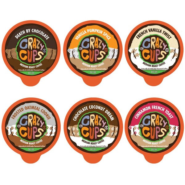 Crazy Cups Flavored Decaf Coffee Pods, Variety Flavored Coffee, Hot or Iced Coffee, Single Serve Coffee for Keurig K Cups Machines, Decaf Variety Pack, 72 Count