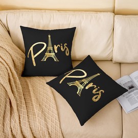 jejeloiu Eiffel Tower Throw Pillow Covers for Couch Sofa Bed, Set of 2 Paris Decor Decorative Pillows Cushion Covers,Trip Design Black Gold Pillow Inserts Not Included, 18x18 inch