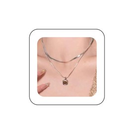 Xduargs Boho Layered Opal Square Pendant Necklace Silver Amber Square Choker Necklace Vintage Geometric Square Necklace Adjustable Gemstone Snake Chain Necklace Jewelry for Women