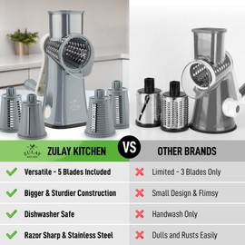 Zulay Kitchen Rotary Cheese Grater 5 Blade Cheese Shredder - Manual Hand Crank Cheese Grater With Reinforced Suction & 5 Interchangeable Drums - Easy to Use, Vegetable Chopper Round Mandoline Slicer