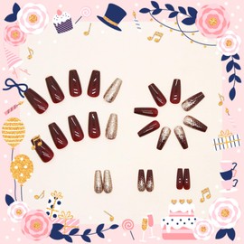 Bellelfin Coffin Press on Nails Medium Fake Nails with Gold Glitter Designs, Glossy Cute Burgundy False Nails Full Cover Artificial Acrylic Stick on Nails for Women Girls,24Pcs