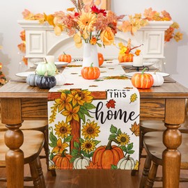 Camino de mesa de otoño, camino de calabazas cruzadas para mesa bendice este hogar, decoración de fiesta de otoño para interiores y exteriores, 13 x 36 pulgadas