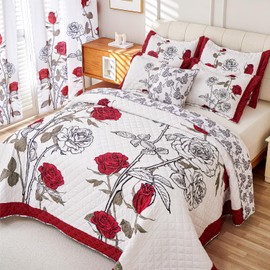 EVENHUG Quilt King Size Red Rose Bedding Set Floral Bedspread Lightweight Reversible Bed Cover with 2 Pillow Shams for All Seasons 3 Pieces (106"X96")