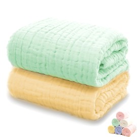 MOOMERRY® 2 Pieces Thermal Muslin Blanket 110 × 110 cm - 6-Ply - 100% Fine Woven Cotton - Muslin Cloth Crawling Blanket Bath Towel Swaddling Cloth Burp Cloth - Premium Quality (Green and Yellow)