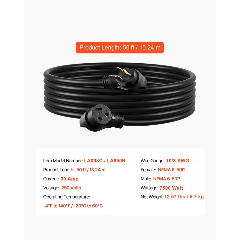 VEVOR Welder Extension Cord 30 Amp 50 Feet, NEMA 6-50