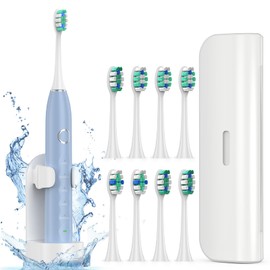 Fronix Electric Toothbrush for Adults with 8 Brush Heads, Sonic Toothbrush Rechargeable with a Holder & Travel Case, 2.5 Hours Charge for 120 Days Use - Light Blue