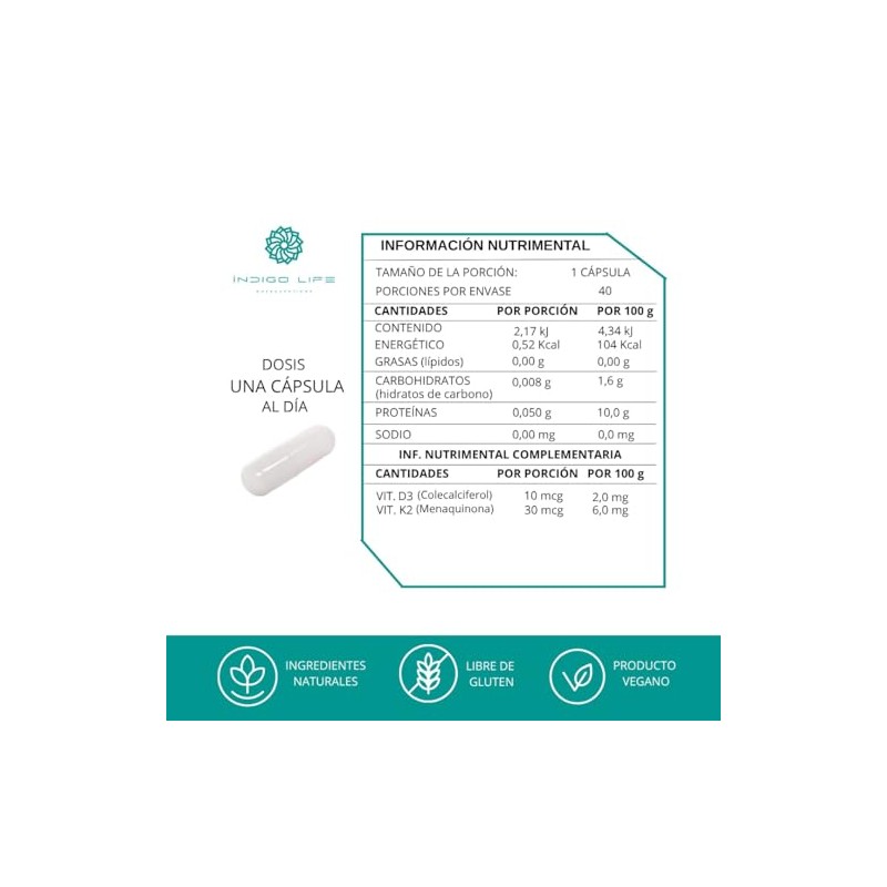 Vitamina D3 + K2 40 Cápsulas Veganas de 500 mg