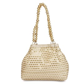 Indian Ethnic Designer Embroidered Silk Potli Bag Batwa Pearls Handle Purse, Golden-6, Medium