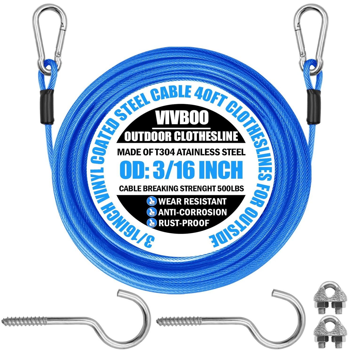 VIVBOO 40ft Clothes Line Outdoors 3/16