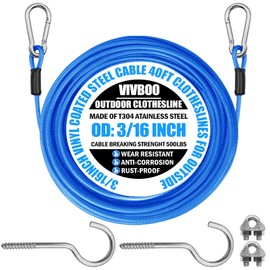 VIVBOO 40ft Clothes Line Outdoors 3/16" Wire Ropes Blue PVC Coating Laundry Drying Clothesline with Metal Hooks and Snap Heavy Duty for Umbrella Travel Outside Camping Backyard