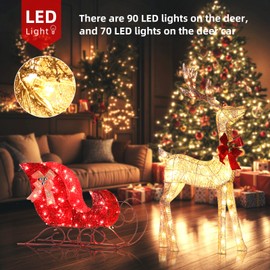 Lighted Christmas Deer Decorations & Sleigh 2 Pcs, Christmas Deer Decoration for Indoor & Outdoor, Christmas Deer Outdoor Decorations - Gold