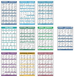 QuickFit 10 Pack - Exercise Workout Poster Set - Dumbbell Volume 1 & 2, Suspension, Kettlebell, Resistance Bands, Stretching, Bodyweight, Barbell, Yoga Poses, Exercise Ball (Laminated, 18" x 24")
