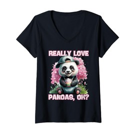 Womens Cute Panda Happy Easter day Egg Hunting Spring Blossom V-Neck T-Shirt