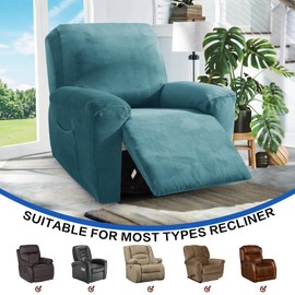 MAXIJIN Velvet 4 Piece Recliner Cover Stretch Plush Soft Recliner Chair Covers Thick Soft Reclining Chair Slipcovers Furniture Protector with Side Pocket for Kids, Pets (Peacock Blue)