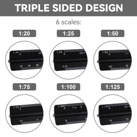 Triangular Scale Ruler 30 cm, Metal Ruler for Architects, 1:20, 1:25, 1:50, 1:75, 1:100, 1:125 (Black)