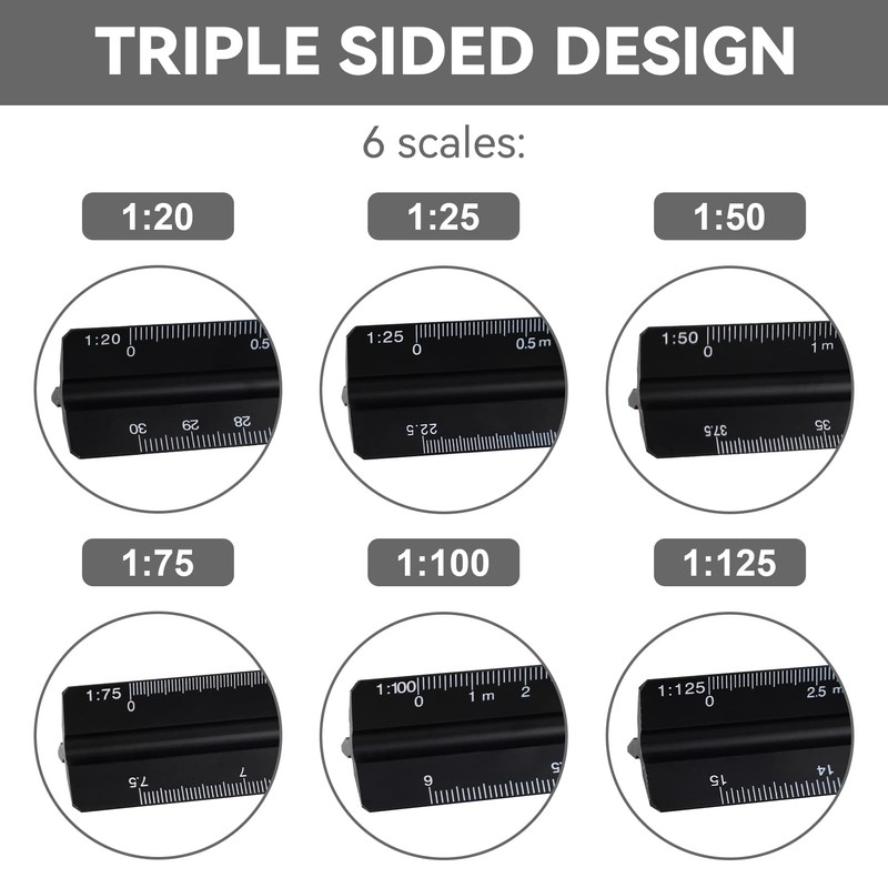 Triangular Scale Ruler 30 cm, Metal Ruler for Architects, 1:20,