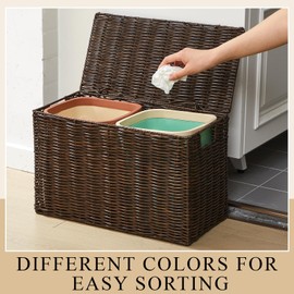 Teenyyou Wicker Trash Can with Lid 2 x 3 Gallon Dual Compartment Trash Bin Plastic Woven Rattan Waste Basket with 2 Removable Plastic Garbage Can for Bathroom Bedroom Kitchen Home Office