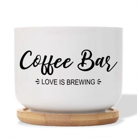 DecStic Coffee Bar Love is Brewing Planter Ceramic Bible Verse Round Plant Pots with Drainage Holes and Bamboo Tray Pot for Pots Outdoor Indoor Plants