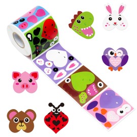 Haooryx 300pcs Valentine’s Day Heart-Shaped Make Animals Face Scene Sticker Rolls, Make Your Own Cute Owl Pig Buuny Sticker Decals Mix and Match Cartoon Animals Face Sticker School Reward for Kids