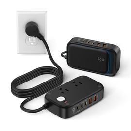 Power Strip with USB Ports, 65W USB C Fast Charging Station, 6FT Flat Extension Cord, 2 AC Outlets, 2 USB-A, 3 USB-C Ports for Multiple Devices (Black)