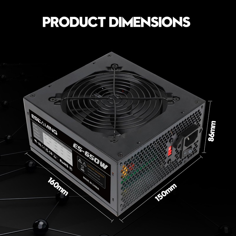 ESGAMING 650W PSU - Non-Modular ATX Power Supply with Auto-Thermally