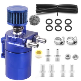 muge racing Universal Oil Catch Can Tank Kit Polish Baffled Reservoir with Breather Filter with 3/8" Fuel Line, Aluminum, Blue, 400ml