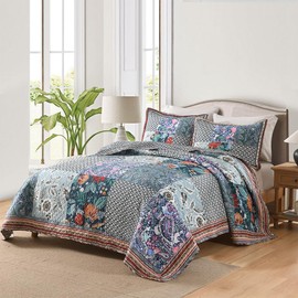 VISIMISI Cotton Bedspread Quilt Bedding Sets Reversible Coverlet Sets 3 Pieces Vintage Floral Blue Teal Patchwork Bedspread, Queen Size