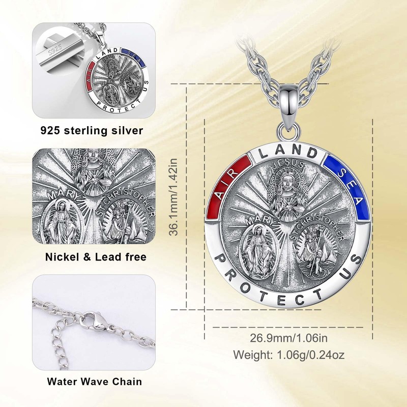 CELESTIA 3-Way WWII Land-Air-Sea Military Protection Medal Necklace for Men