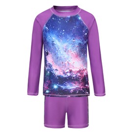 Zestonie Big Girls Two Piece Rash Guard Swimsuits Set Long Sleeve Hawaiian Bathing Suit for Kids Hawaiian Swimwear Set Purple Star Size 16/14-16 Years