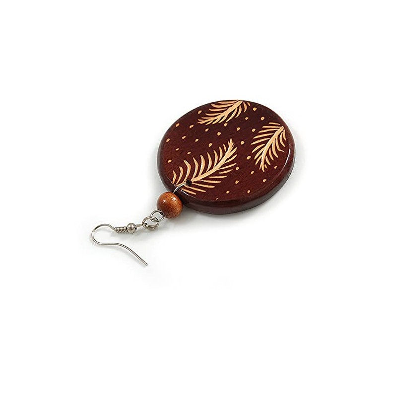 70mm Long/Brown Wooden Round Disk Drop Earrings with Feather Pattern