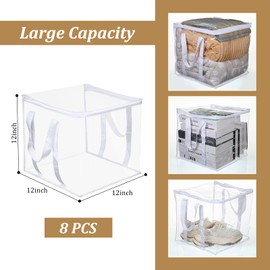 8 Pcs Clear Zippered Organizers 12''x12''x12'' Moving Bags with Reinforced Handles Heavy Duty Storage Cube Tote Storage Blanket Bags Bins for Clothes Moving Supplies Linens Shoes Closet Organizer